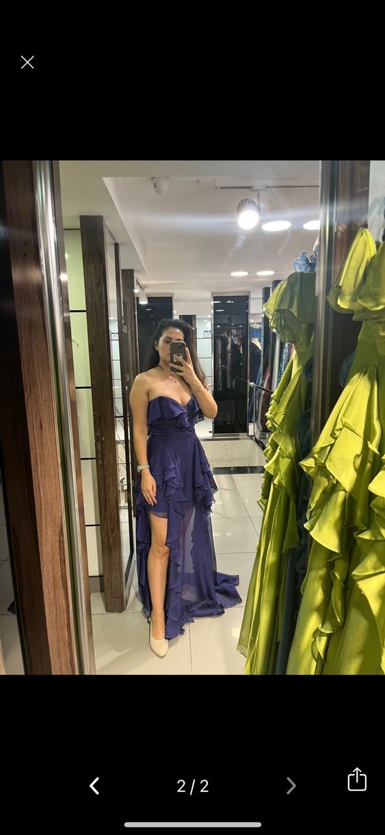 Mor Drapeli Uzun Straplez Abiye Elbise - Görsel 2