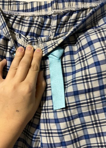 Kadın Mavi Ekose Kuşaklı Kumaş Pantolon - Görsel 5