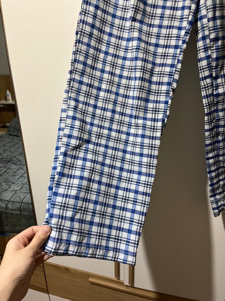 Kadın Mavi Ekose Kuşaklı Kumaş Pantolon - Görsel 2