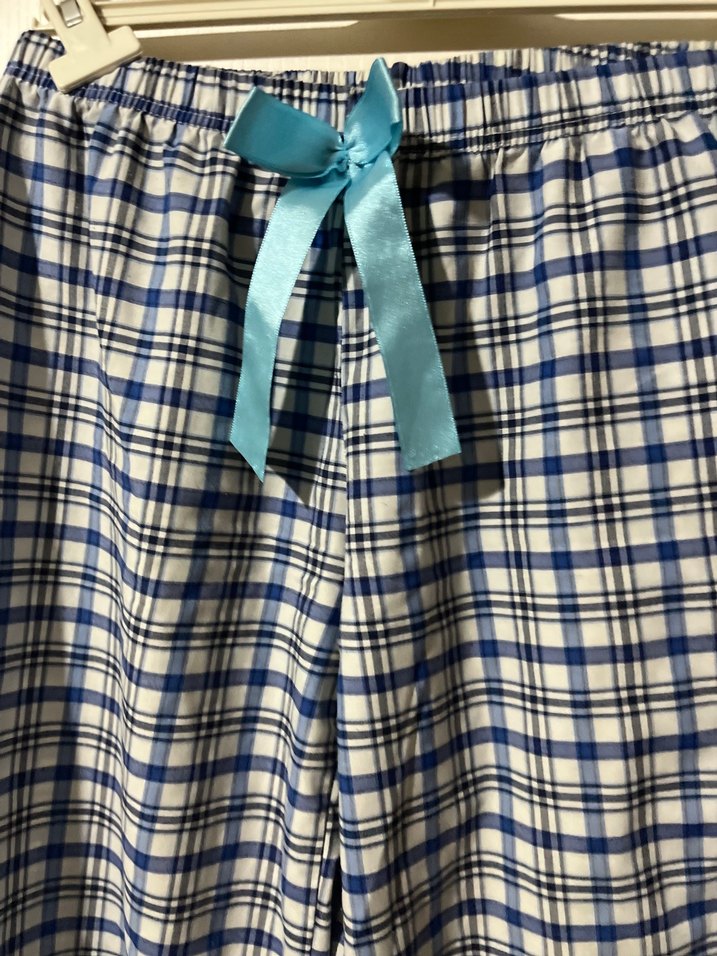 Kadın Mavi Ekose Kuşaklı Kumaş Pantolon - Görsel 4