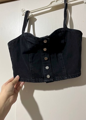 Düğmeli Siyah Kot Büstiyer - Görsel 3