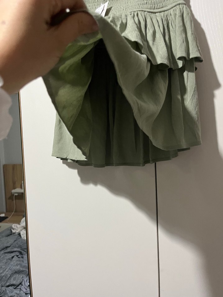 Yeşil Kadın Mini Etek Fırfırlı Keten - Görsel 5