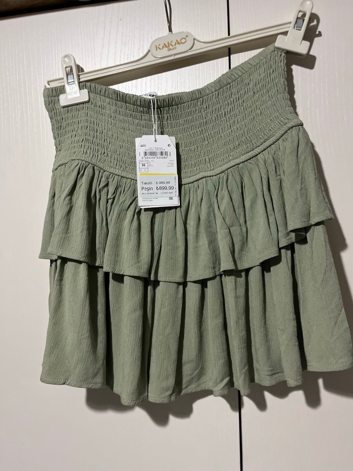 Yeşil Kadın Mini Etek Fırfırlı Keten - Görsel 4