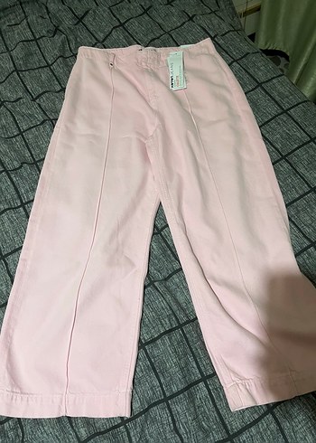 Kadın Pembe Pamuk Midi Geniş Paça Pantolon - Görsel 3