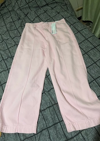 Kadın Pembe Pamuk Midi Geniş Paça Pantolon - Görsel 2