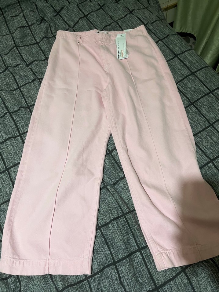 Kadın Pembe Pamuk Midi Geniş Paça Pantolon - Görsel 3