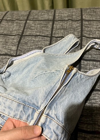 Düğmeli V Yaka Mavi Denim Kadın Yelek - Görsel 7