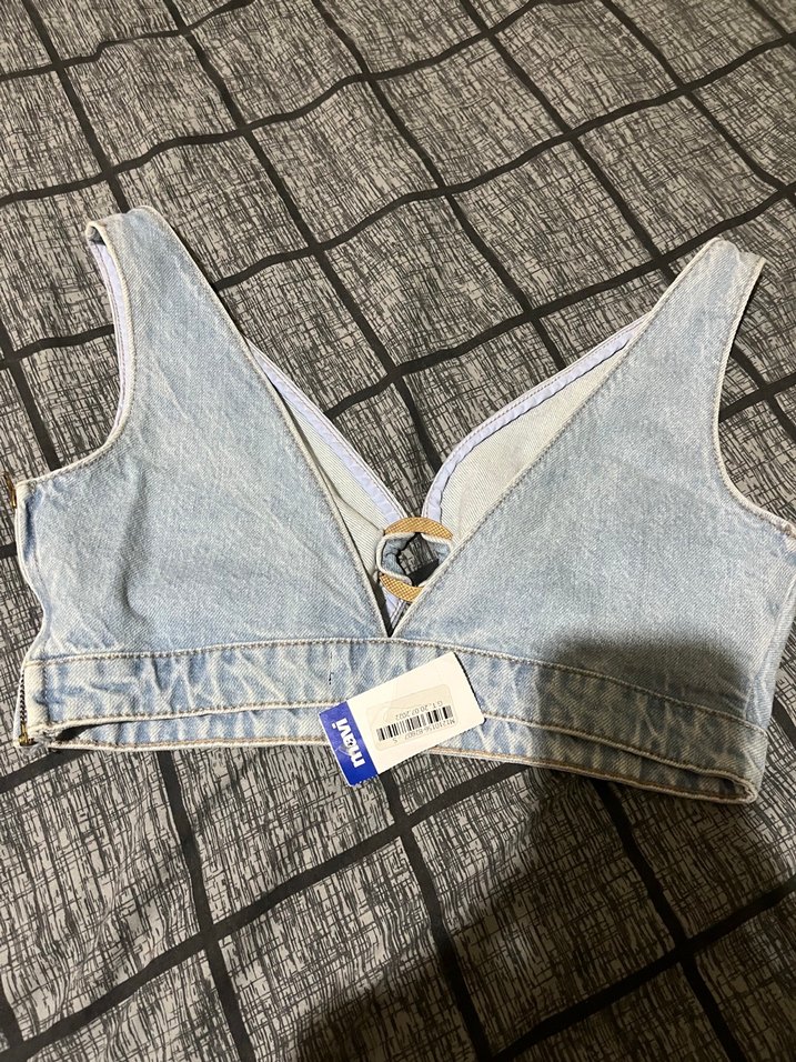 Düğmeli V Yaka Mavi Denim Kadın Yelek - Görsel 5