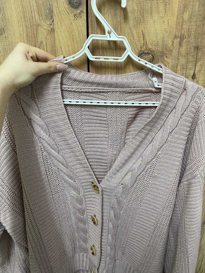 Bej V Yaka Örgü Midi Hırka - Görsel 2