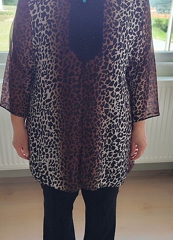 Leopar desenli tül gömlek - Görsel 5