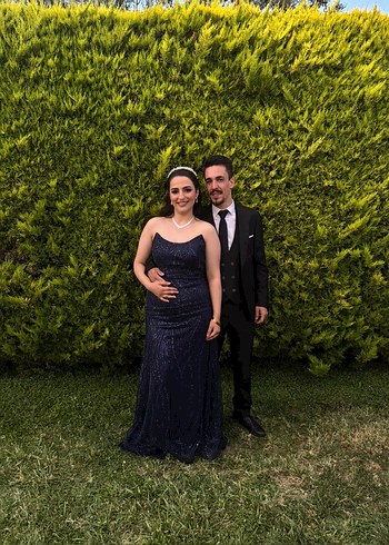 Lacivert Yılan Desenli Uzun Drapeli Abiye