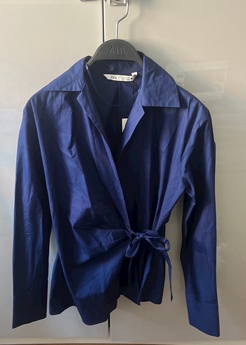 Zara Lacivert Kemerli poplin Kadın Gömlek