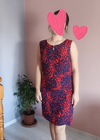 Kırmızı lacivert Leopar Desenli Fermuarlı Midi Elbise