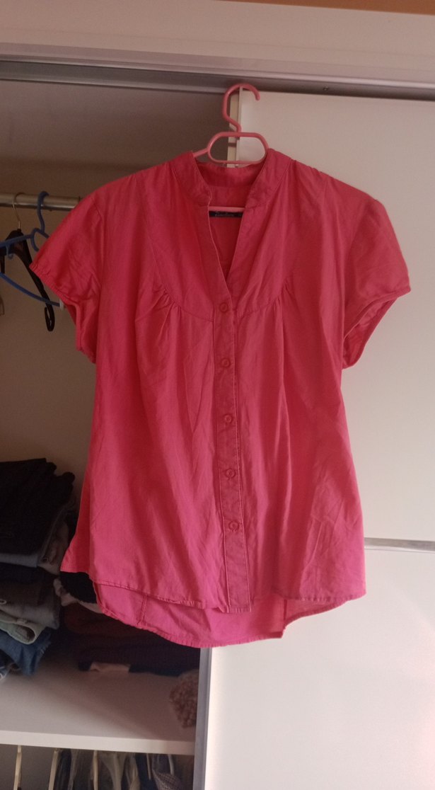 Pembe Keten V Yaka Düğmeli Kadın Gömlek paraya ihtiyacım var - Görsel 3