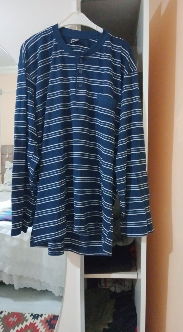 Erkek Mavi Çizgili Pamuklu Pijama Üstü - Görsel 3