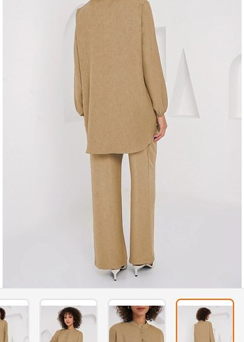 Bej Uzun Kollu Keten Kadın Takım - Görsel 4