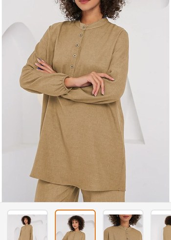 Bej Uzun Kollu Keten Kadın Takım - Görsel 2