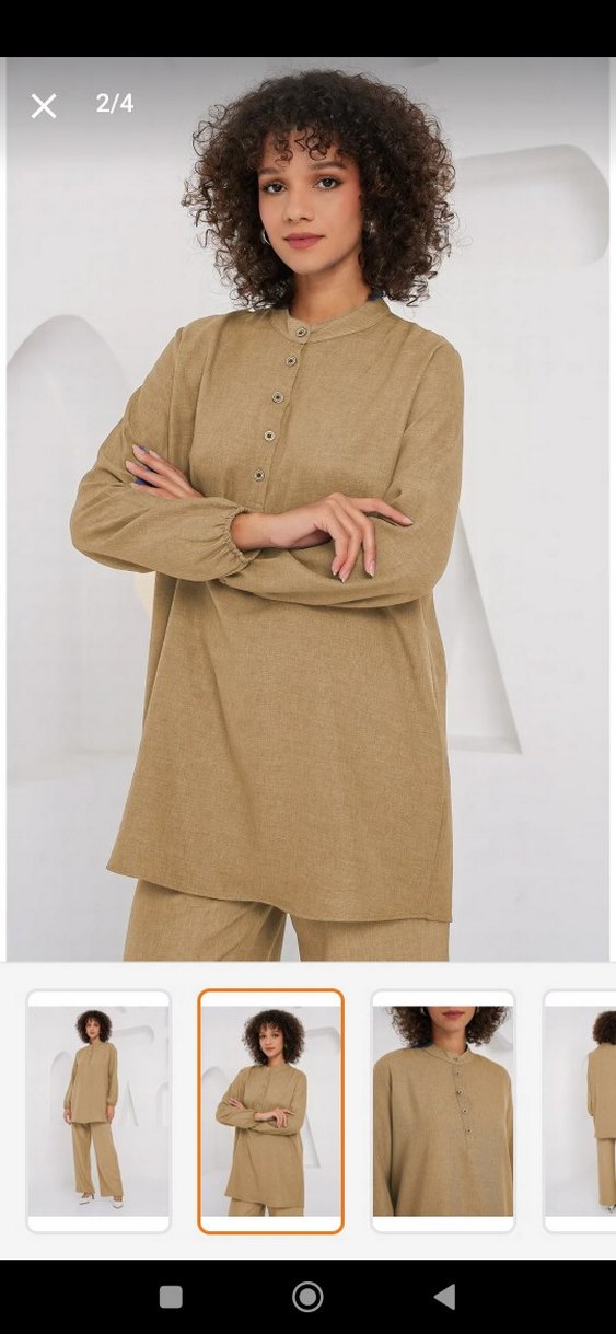 Bej Uzun Kollu Keten Kadın Takım - Görsel 2