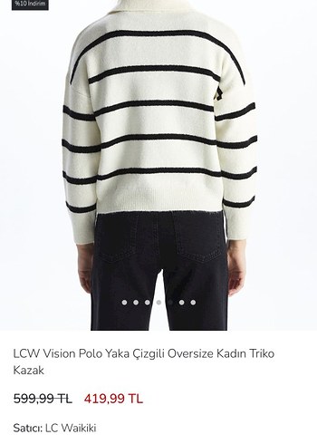 h&m  Beyaz Çizgili Oversize V Yakalı Kadın Kazak - Görsel 3