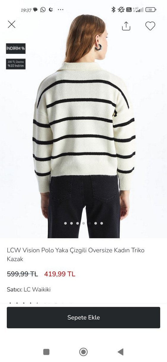 h&m  Beyaz Çizgili Oversize V Yakalı Kadın Kazak - Görsel 3