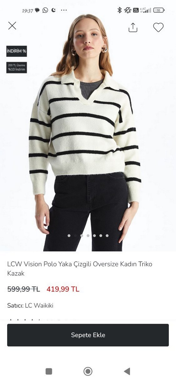 h&m  Beyaz Çizgili Oversize V Yakalı Kadın Kazak - Görsel 2