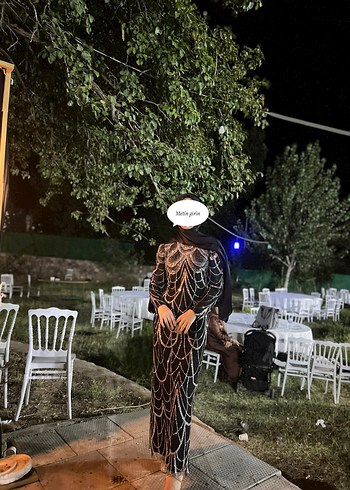 38 Beden Uzun Siyah Desenli Abiye Elbise