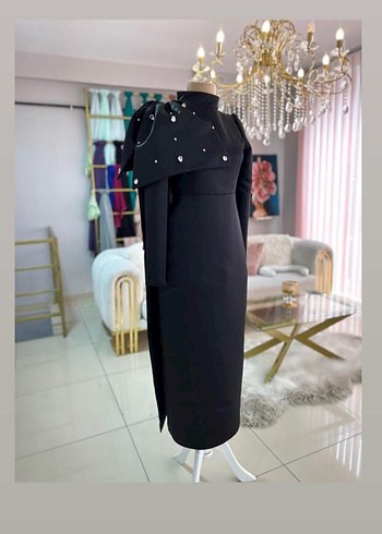 Siyah Uzun Kol Yüksek Yakalı Drapeli Abiye Elbise - Görsel 5