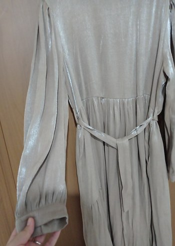 Bej Parlak Pilili Uzun Cepli Abiye Elbise - Görsel 3