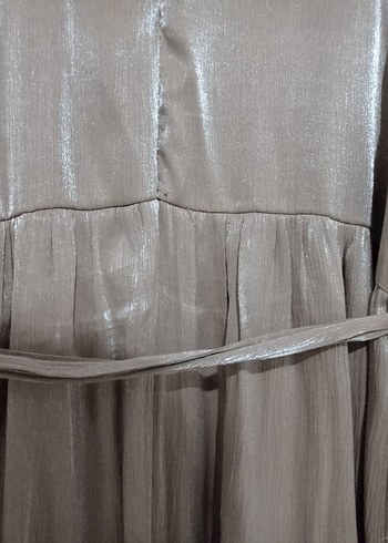 Bej Parlak Pilili Uzun Cepli Abiye Elbise - Görsel 6