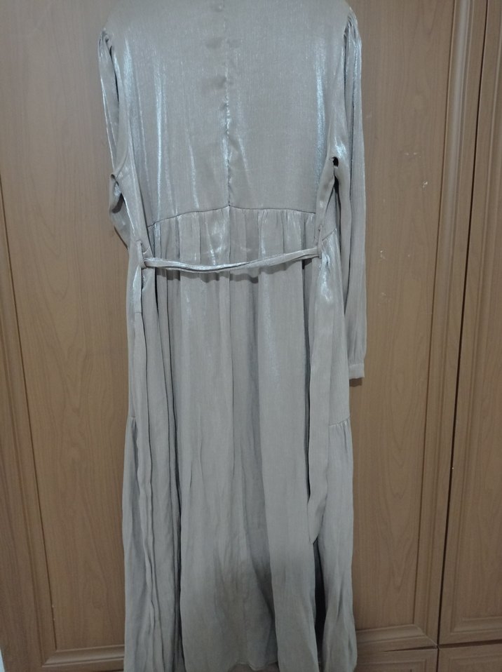 Bej Parlak Pilili Uzun Cepli Abiye Elbise - Görsel 5