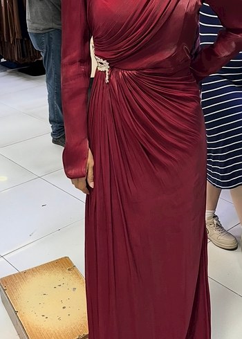 Abiye Bordo Drapeli Uzun Kollu Abiye Elbise