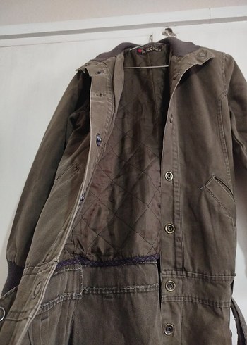 haki asker yesili kot keten Kuşaklı Midi parka - Görsel 7