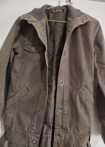 haki asker yesili kot keten Kuşaklı Midi parka - Görsel 2