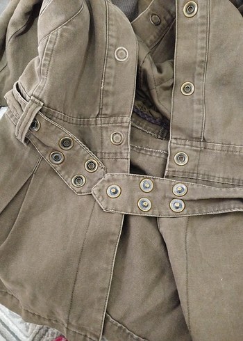 haki asker yesili kot keten Kuşaklı Midi parka - Görsel 5