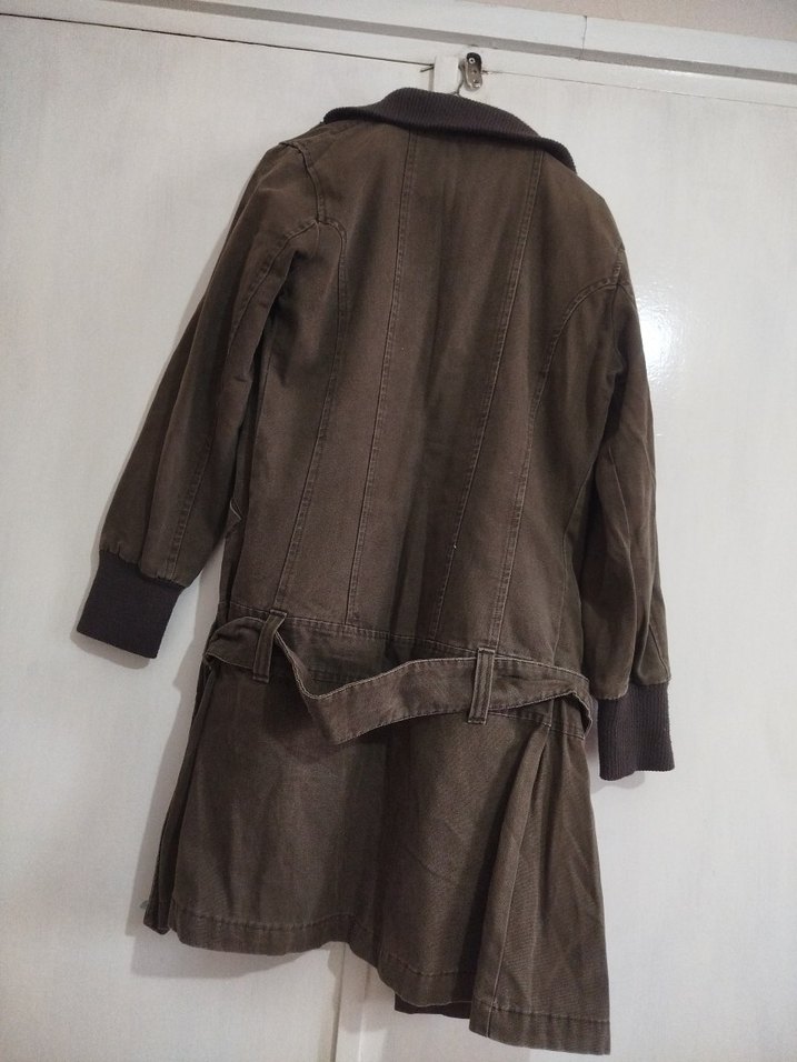 haki asker yesili kot keten Kuşaklı Midi parka - Görsel 3