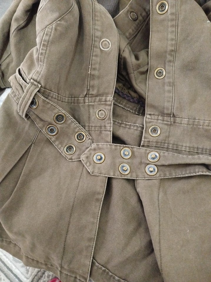 haki asker yesili kot keten Kuşaklı Midi parka - Görsel 5