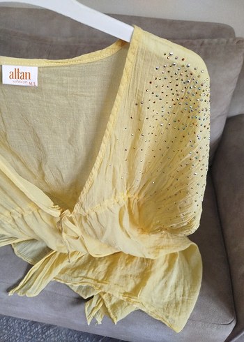 Sarı V Yakalı ince Bohem plaj elbisesi - Görsel 3