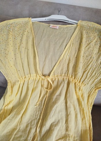 Sarı V Yakalı ince Bohem plaj elbisesi - Görsel 2