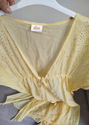 Sarı V Yakalı ince Bohem plaj elbisesi - Görsel 5