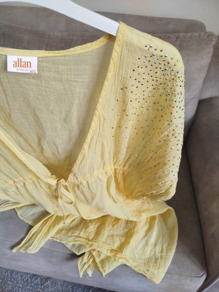 Sarı V Yakalı ince Bohem  plaj elbisesi - Görsel 3