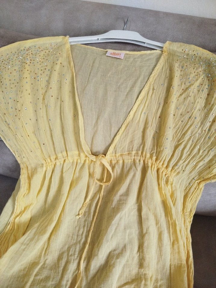 Sarı V Yakalı ince Bohem  plaj elbisesi - Görsel 2