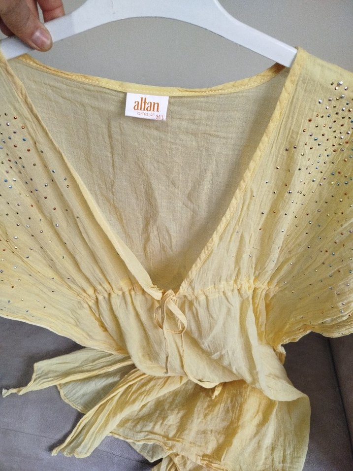 Sarı V Yakalı ince Bohem  plaj elbisesi - Görsel 5