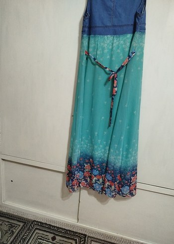 Turkuaz Renkli Kemerli Uzun Bohem Elbise - Görsel 5