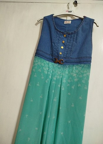 Turkuaz Renkli Kemerli Uzun Bohem Elbise - Görsel 2