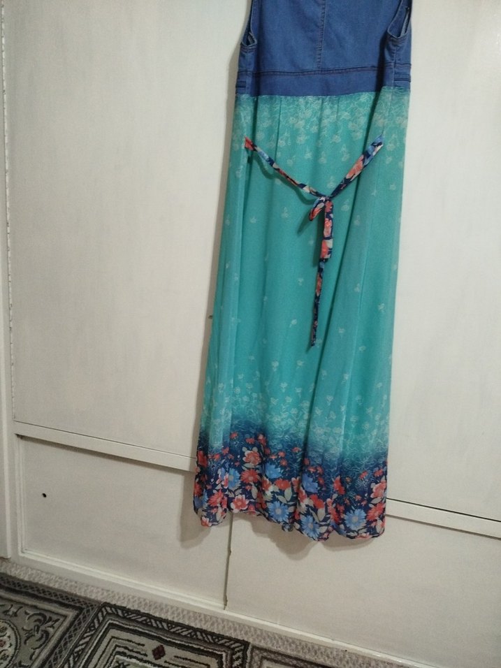 Turkuaz Renkli Kemerli Uzun Bohem Elbise - Görsel 5