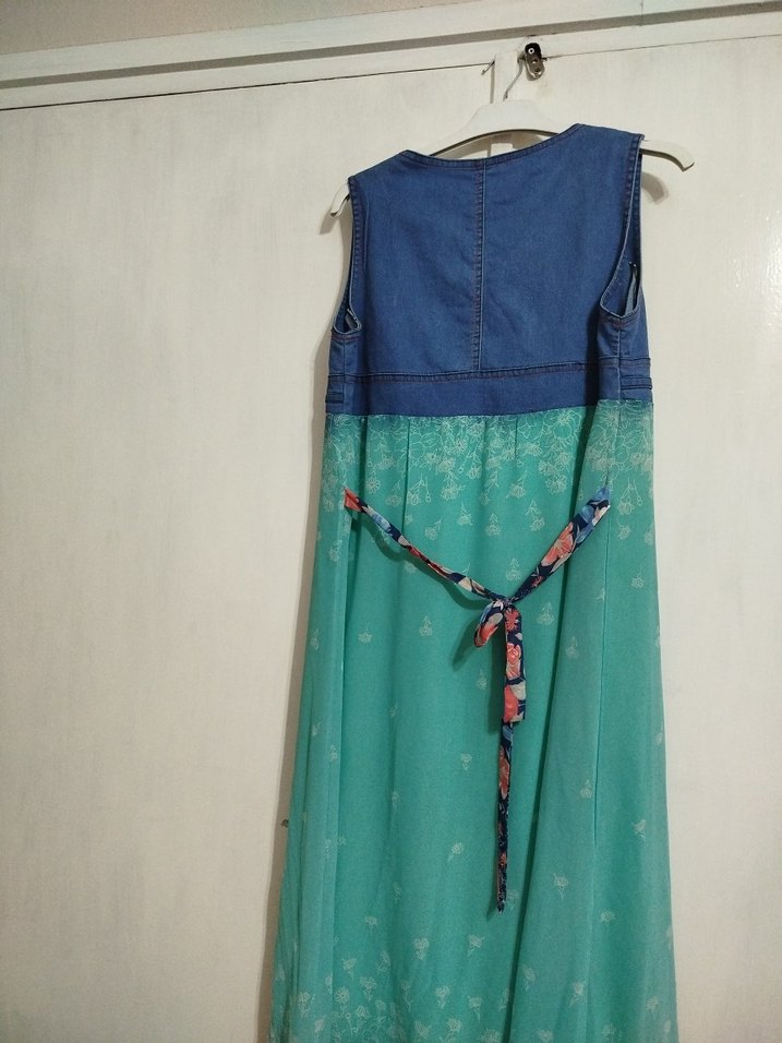 Turkuaz Renkli Kemerli Uzun Bohem Elbise - Görsel 4