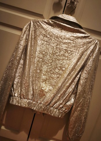 gümüş rengi çatlak  Desenli Deri Ceket - Görsel 5