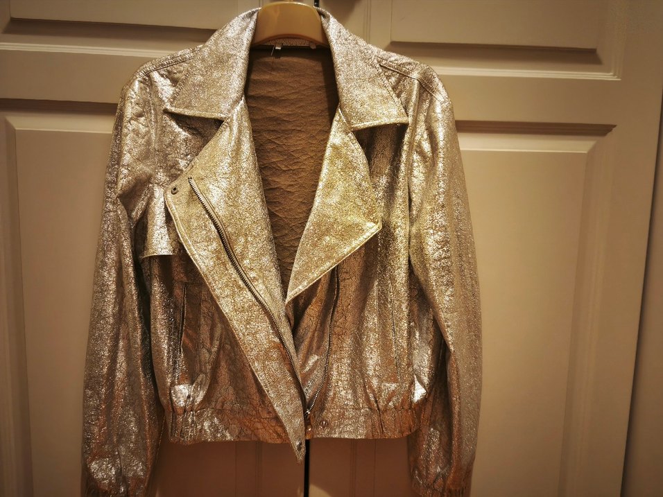 gümüş rengi çatlak  Desenli Deri Ceket - Görsel 4