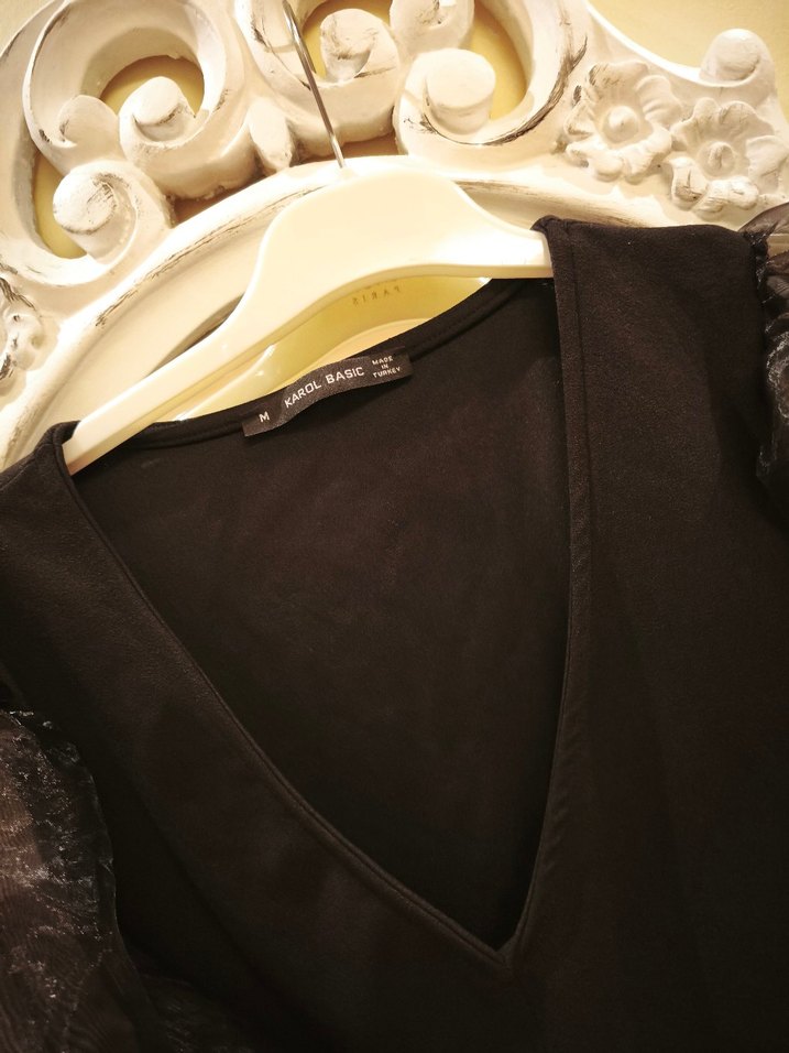 Siyah kolları tül V Yaka Gotik Bluz - Görsel 3