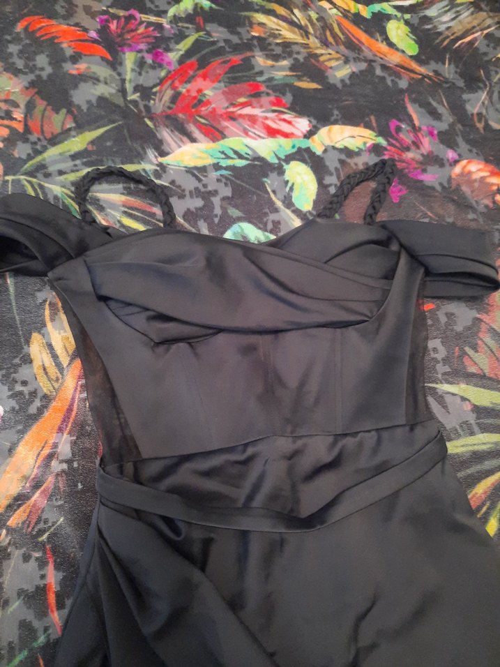 Drapeli Siyah Straplez Uzun Kadın Saten Abiye Elbise - Görsel 2